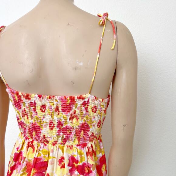 [Old Navy] Pink Floral Print Linen Blend Square Neck Mini Dress Smocked Sz Large - Picture 11 of 12